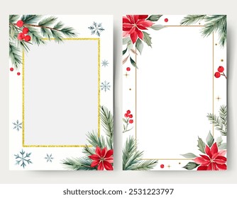 New year frames. Watercolor blank christmas cards with plants, flowers and snowflakes. Fir branches, berries. 