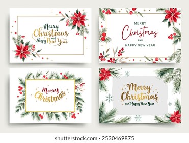 New year frames. Watercolor Christmas cards with fir, flowers, berries, snowflakes and golden lettering. 