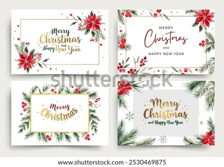 New year frames. Watercolor Christmas cards with fir, flowers, berries, snowflakes and golden lettering. 