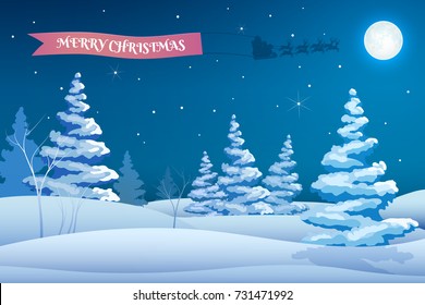 New Year Frosty Background With Night Winter Landscape Snowy Trees Sky Santa Deers Ribbon Vector Illustration