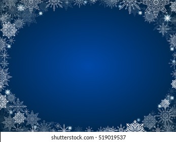 New year full-color gradient background with lots of snowflakes and frame blue