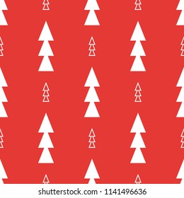 New Year fun red vector seamless pattern with christmas tree in flat style