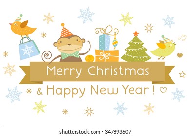 New Year funny card template with monkey, birds, presents and golden ribbon. Children Christmas symbols and icons collection. Vector illustration.