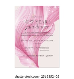 New Year gala dinner invitation template features a sophisticated and elegant design with a flowing, pink abstract background that adding a touch of luxury and highlighting the special occasion