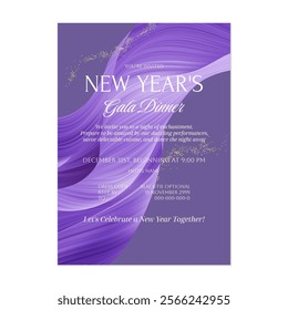 New Year gala dinner invitation template features a sophisticated and elegant design with a flowing, purple abstract background that adding a touch of luxury and highlighting the special occasion