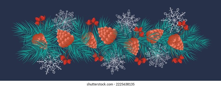 New Year garland with the inscription merry Christmas. Green pine, fir branches, beautiful silhouettes of snowflakes, cones. Greeting banner, postcard, poster 2023. Vector winter botanical