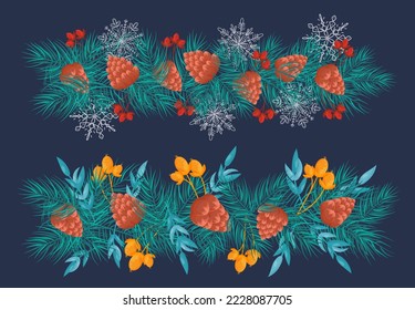 New Year garland with the inscription merry Christmas. Green pine, fir branches, beautiful silhouettes of snowflakes, cones. Greeting banner, postcard, poster 2023. Vector winter botanical