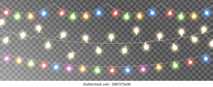 New Year garland lights decoration. Christmas color lights set. Led neon lamp. Glow colored bulb. Bright Celebration decoration for xmas cards, web banner, posters. Vector illustration.