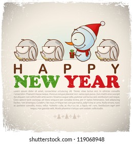 New Year geeting card with snowman and frogs. Vector illustration