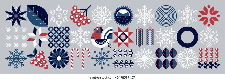  New Year geometric snowflake background. Merry Christmas! Ukrainian style. Scandinavian winter motifs. Snowflakes, flowers, berries, candies. Minimal illustration.