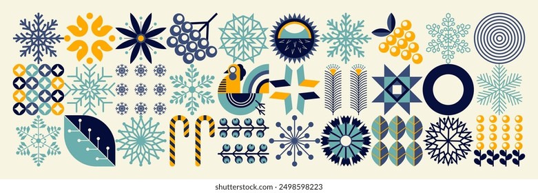 New Year geometric snowflake pattern. Merry Christmas! Ukrainian style. Scandinavian winter motifs. Snowflakes, flowers, berries, candies. Minimal illustration.