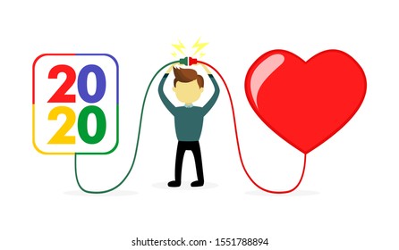 New year to get love. 2020 and Heart vector illustration.