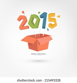 New Year Gift Box with 2015. Holiday Design. Flat Cartoon Style.