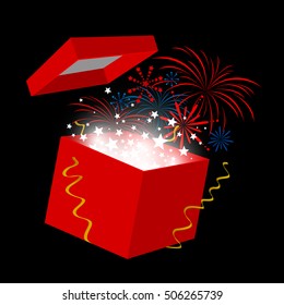 New year gift box with fireworks on black background for boxing day sale shopping