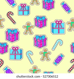 New year gift boxes, candy sticks, gingerbread boy seamless pattern. Christmas elements in simple cartoon design. New Year concept. Wallpaper design endless texture. Vector illustration in flat style