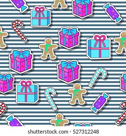 New year gift boxes, candy sticks, gingerbread boy seamless pattern on striped background. Christmas elements in simple cartoon design. New Year concept. Wallpaper design endless texture. Vector