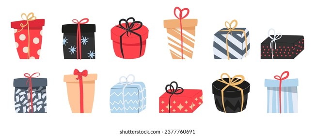 new year gift boxes set. Presents, surprises wrapped in festive paper and ribbon, bow decor. Holiday flowers, packages  different shape. Flat  illustration isolated  for poster, AD, stickers, decor 