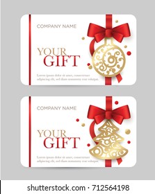 New Year gift card. Christmas coupon. Gift certificate with New Year's attributes. Red bow with a golden ball and a Christmas tree on a white background.