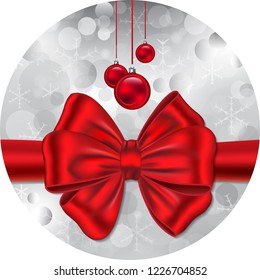 New Year gift card in circle shape. Red ribbon and bow. Christmas red baubles. Vector illustration