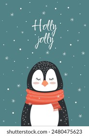 New Year gift card with a cute sleeping penguin with a warm scarf. Vector template