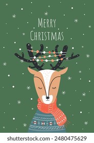 New Year gift card with cute sleeping deer in a warm sweater. Vector template	