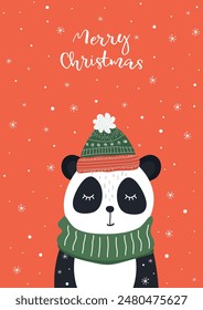 New Year gift card with the image of a cute panda, a bear cub in a warm hat with a scarf. Vector	