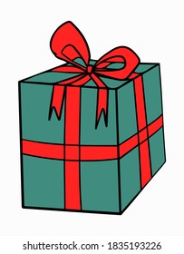 New year gift, present color doodle. Christmas element hand drawn vector. Comic green box with red ribbon. Winter attribute for print wrapping paper, cards, fabric.