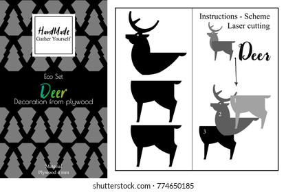 New Year gift set. Package design. Installation instructions. Deer from plywood.