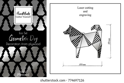 New Year gift set. Package design. A model of laser cutting and engraving. Geometrical dog from plywood. Decorative suspension. Low poly