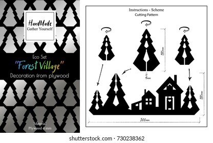 New Year gift set. Packaging design. Assembly instruction. Winter forest village from plywood.