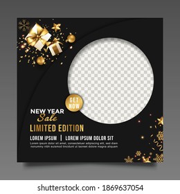 New year gift social media post template with realistic gift box, square banner and sale background.