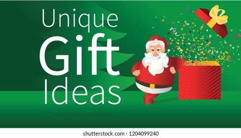 New year gift vector banner. Unique gift ideas banner concept. Open Red Gift Box, santa claus and Confetti. Vector Illustration. 