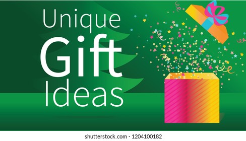 New year gift vector banner. Unique gift ideas banner concept. Open Red Gift Box and Confetti. Vector Illustration. 
