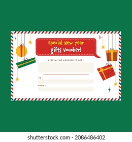 New Year Gift Voucher Design Decorated With Gift Boxes Hang On White Background.