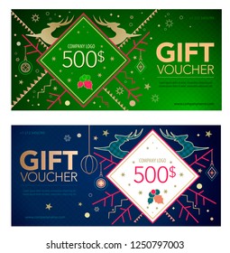 New year gift vouchers design with stylized Christmas tree, deer, snowflakes and decorations. New Year's design template with a window for text. Vector illustration EPS10.Design template of leaflet co