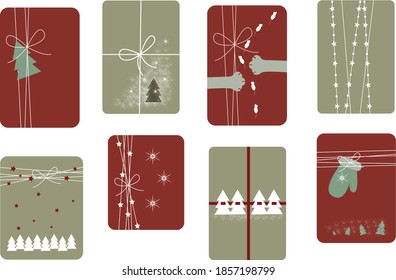 New Year gifts holiday and packing boxes with decorations, bow, tree, snow, mitten, cat paws, star, ribbon