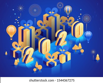 New Year gifts isometric vector banner template. Winter holidays celebration. Packing presents and flying hot air balloons on blue background. Merry Christmas greeting postcard design