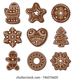 New Year ginger biscuits, gingerbread, christmas. Bakery products. Isolated on white background Vector. Food