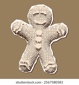 New Year Gingerbread Cookie halftone Collage. Ripped torn paper sticker in retro vintage style. New Year Eve concept. Vector Illustration.