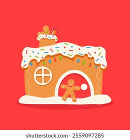 New Year gingerbread cookies: house, candy cane, and gingerbread men Merry Christmas greeting card, vector illustration EPS10