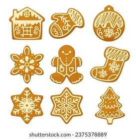 New Year Gingerbread Cookies as Winter Homemade Sweet Snack with Sugar Glaze Vector Set