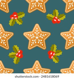 New Year gingerbread with icing snowflake in the form of Christmas star and holly berries. Seamless pattern. Vector New Year's Eve repeating background on dark background