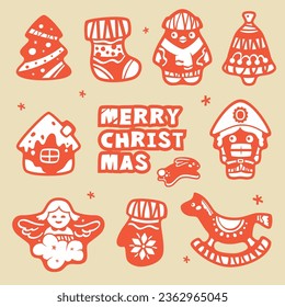 New Year gingerbreads illustration set. Holiday sweets vector design. Traditional homemade bakery.