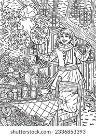 New Year Girl with Balloons Adults Coloring Page 