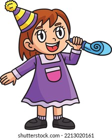 New Year Girl Blowing Horn Cartoon Colored Clipart