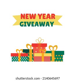 New year giveaway with holiday color gift boxes isolated on white background. Flat vector illustration