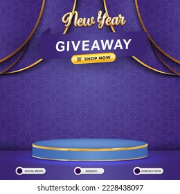 new year giveaway social media template banner post with blank space 3d podium for product sale with abstract gradient blue background