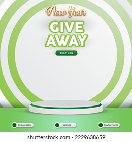 new year giveaway social media template banner post with blank space 3d podium for product sale with abstract gradient green and white background design