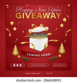 New year giveaway square banner template with podium on red background