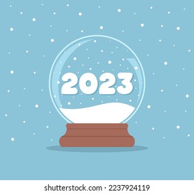 New Year glass ball with the number 2023 inside on a blue snowy background. Vector flat illustration